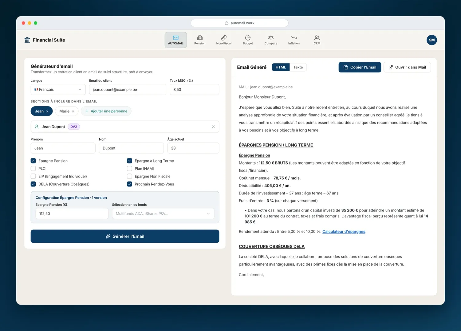 The AUTOMAIL email generator: a meeting summary turned into a structured, ready-to-send follow-up email