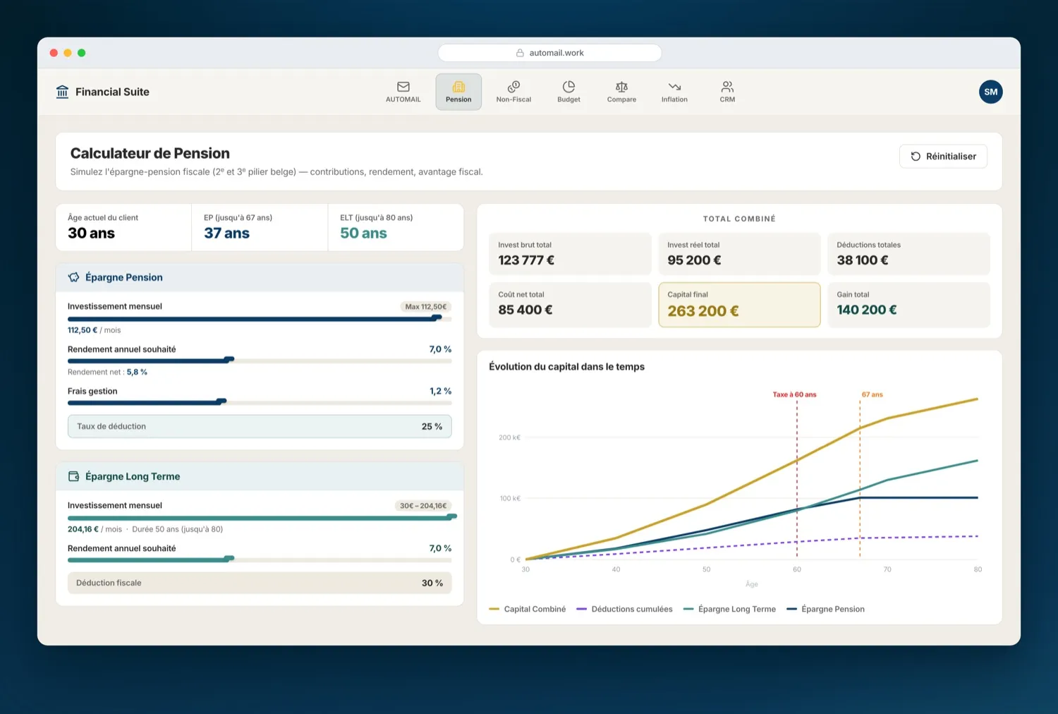 The pension calculator with sliders, a combined total, and a projection chart